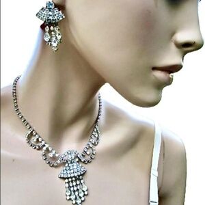 mid-century deco white rhinestone necklace and screw back earrings